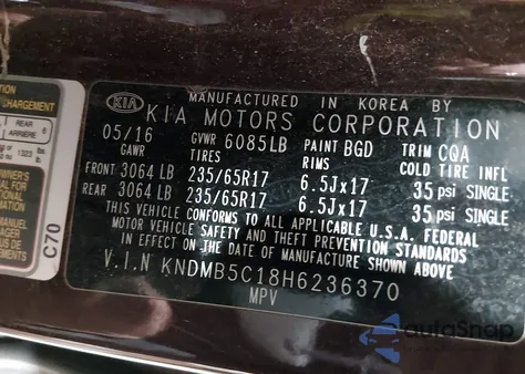 2017 Kia Sedona Lx z USA, uszkodzony, nr VIN KNDMB5C18H6236370